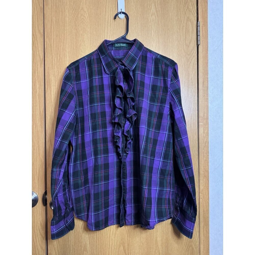 RALPH LAUREN Button Shirt LARGE Purple Plaid Ruffle Front Academia Victorian - Picture 3 of 10